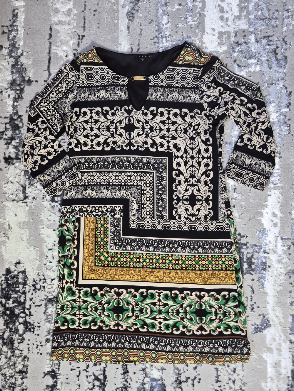Tiana B. Black, Cream, Green & Gold Long Sleeve Mixed-Print Dress
